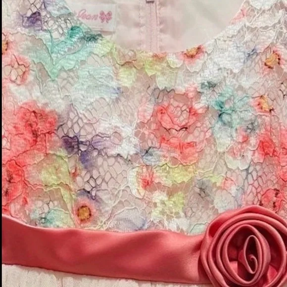 Bonnie Jean Floral Lace Dress with Pink Tulle Skirt - Picture 9 of 9